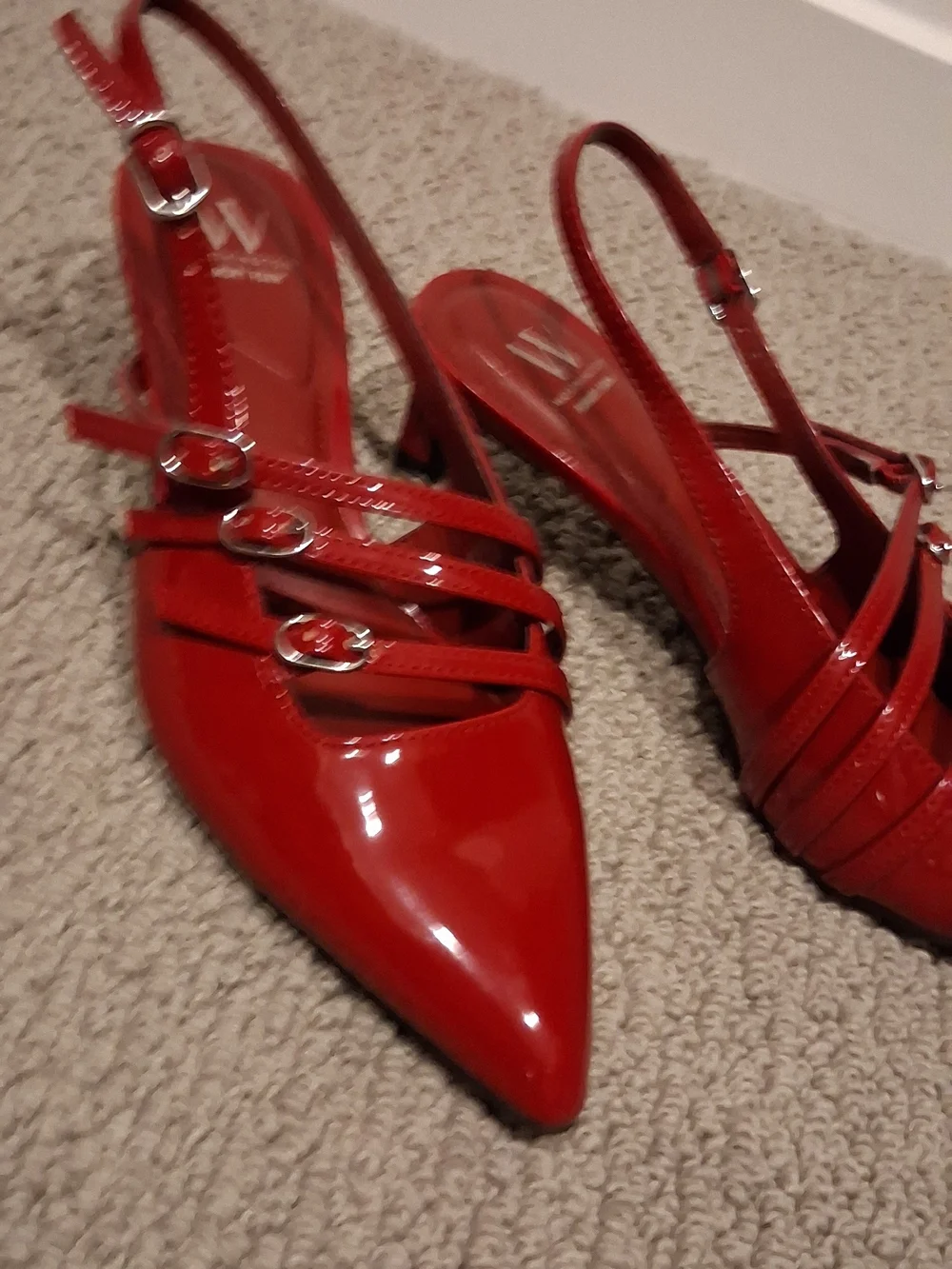 Worthington Red Patent Slingback Pointed-Toe Heels with Triple Straps